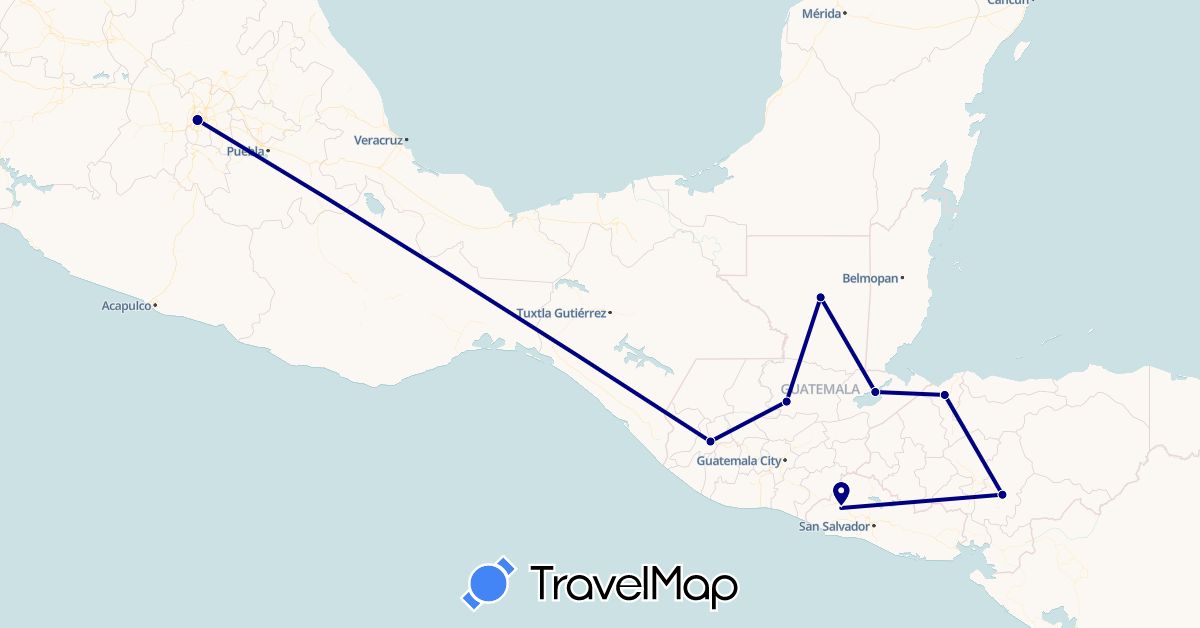 TravelMap itinerary: driving in Guatemala, Honduras, Mexico, El Salvador (North America)